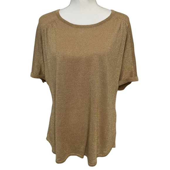 Chicos Sparkly Short Sleeve Crew Neck Blouse Gold Size 2 - Picture 1 of 6